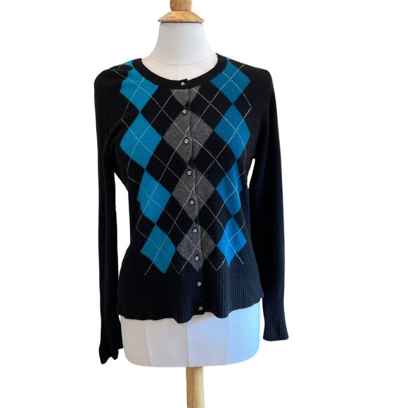Apt. 9 Black, Blue 100% Cashmere Argyle Preppy Crew Neck Cardigan, Size L - Picture 1 of 10
